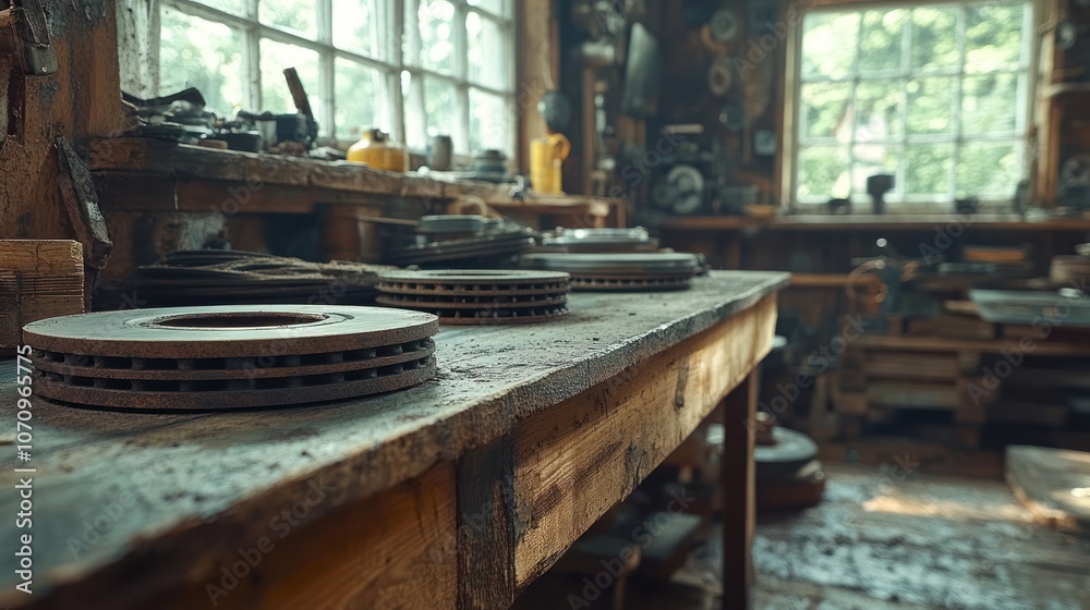 Obraz premium A close-up view of a wooden workbench in a cluttered workshop, with several metal brake discs on the surface.