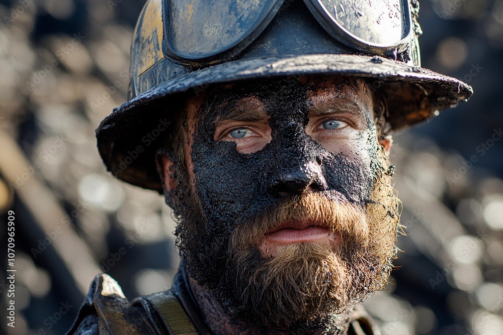 A resilient miner stares intently amid coal dust and grit at dusk in the mountains. Generative AI A resilient miner stares intently amid coal dust and grit at dusk in the mountains. Generative AI