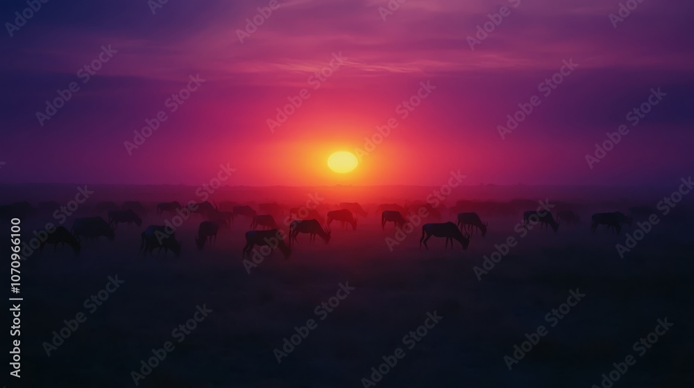 A herd of wildebeest silhouetted against a vibrant sunset in the African savanna. A herd of wildebeest silhouetted against a vibrant sunset in the African savanna.