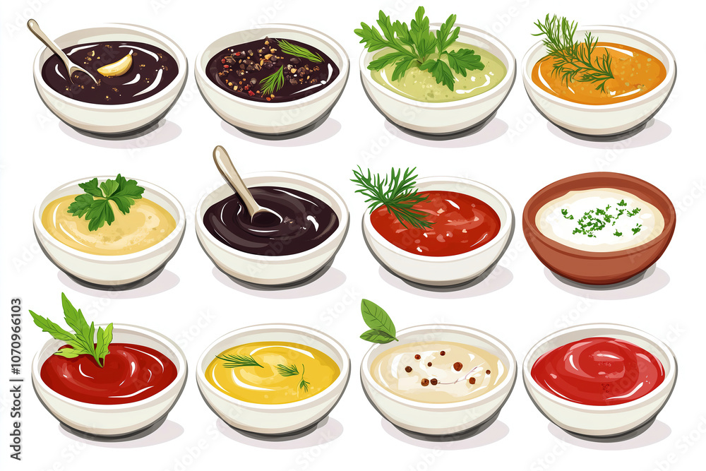 A colorful variety of sauces and dips arranged in bowls on a kitchen counter, showcasing diverse flavors and ingredients. Generative AI A colorful variety of sauces and dips arranged in bowls on a kitchen counter, showcasing diverse flavors and ingredients. Generative AI