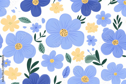 Floral Pattern with Blue and Yellow Flowers, seamless, blue flower, white background, spring, summer