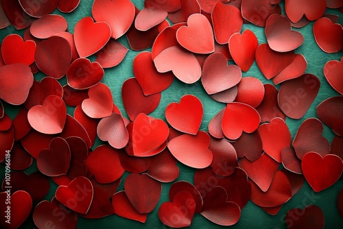  Gran cantidad de corazones rojos sobre fondo verde, creando una decoración vibrante y romántica para el Día de San Valentín.

 photo