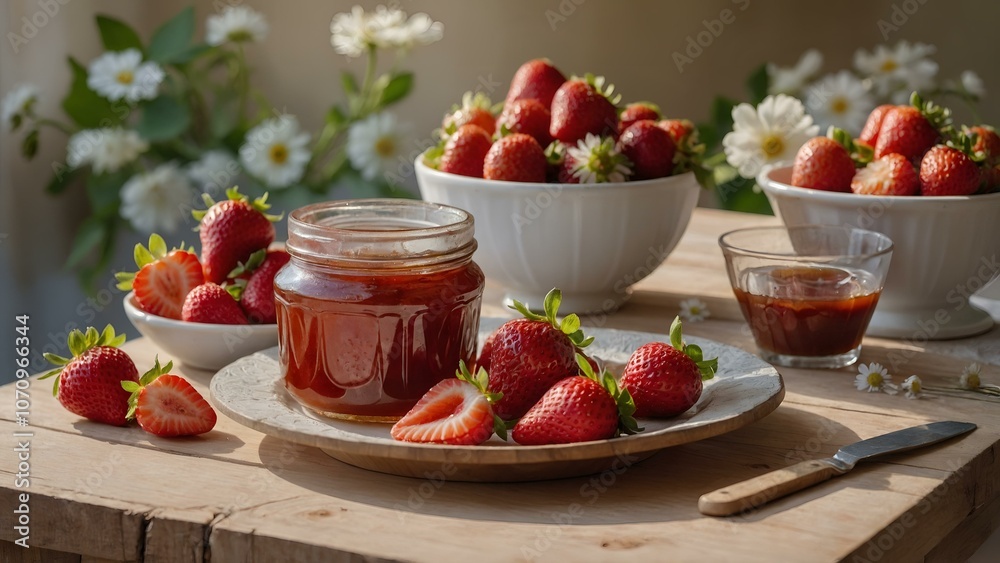 Fresh strawberries and homemade strawberry jam on a wooden table with floral background Fresh strawberries and homemade strawberry jam on a wooden table with floral background