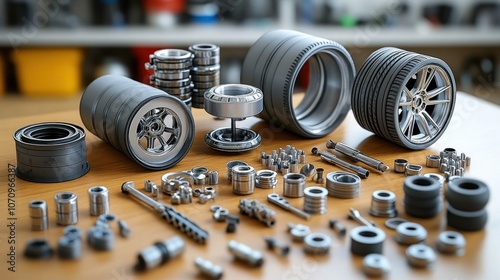 A collection of car parts including tires, wheels, bearings, and other mechanical components. photo