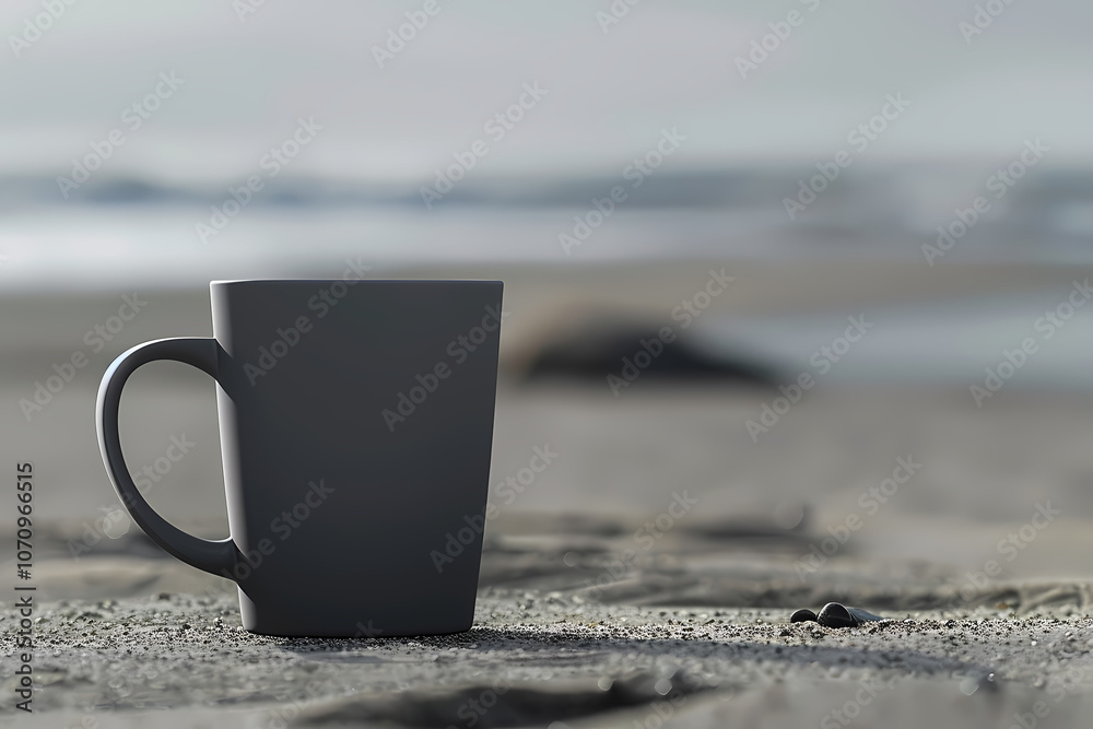 A single black mug sits on sandy beach, with soft waves in the background, creating a peaceful, tranquil atmosphere. A single black mug sits on sandy beach, with soft waves in the background, creating a peaceful, tranquil atmosphere.