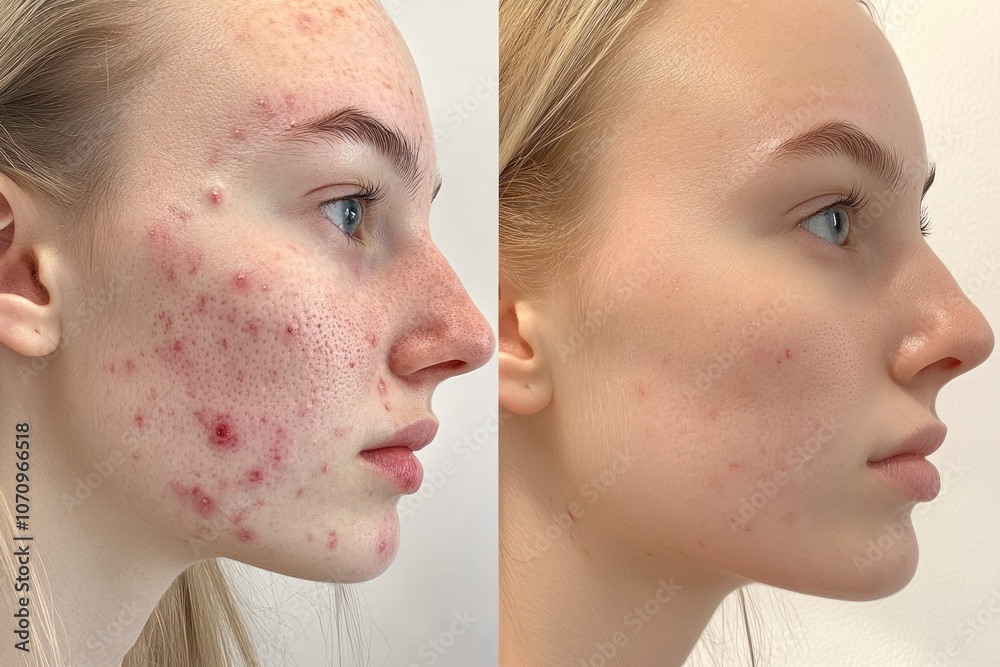Obraz premium Before-and-after image showing skin improvement, highlighting acne treatment results.