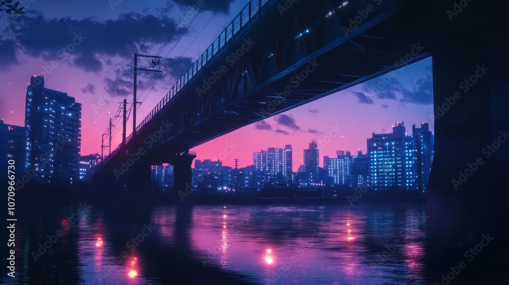 Fototapeta premium A large bridge over a river in a city at dusk, with a vibrant pink and blue sky.