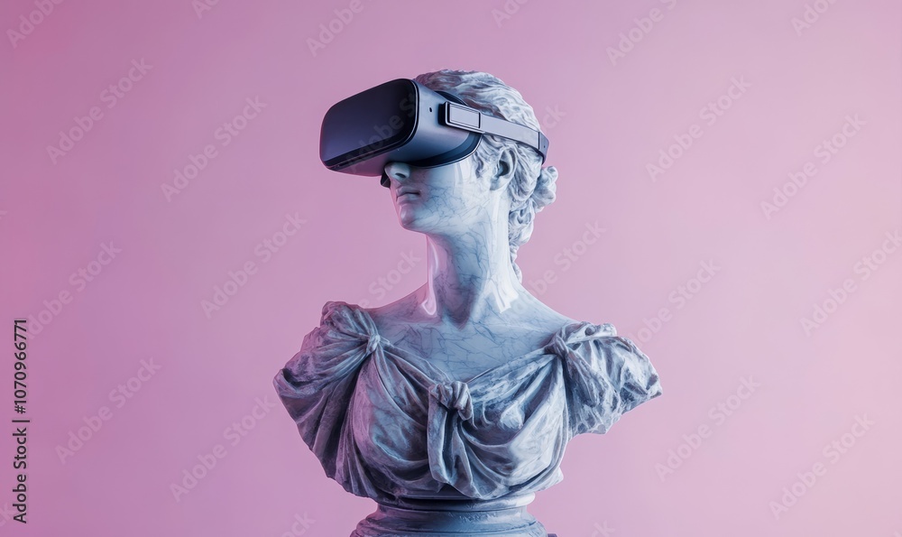 Female antique marble sculpture with VR headset. Statue wearing virtual reality goggles on pastel background. Bust with VR glasses Female antique marble sculpture with VR headset. Statue wearing virtual reality goggles on pastel background. Bust with VR glasses