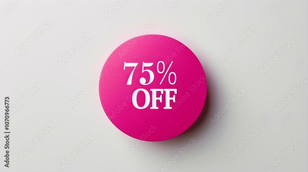 White '75% OFF' Text on a Fuchsia Round Paper Note. White Background with Copy Space White '75% OFF' Text on a Fuchsia Round Paper Note. White Background with Copy Space