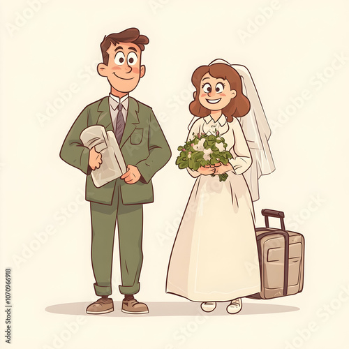 Newlywed Couple Ready for Honeymoon, newlyweds, bride, groom, wedding, love