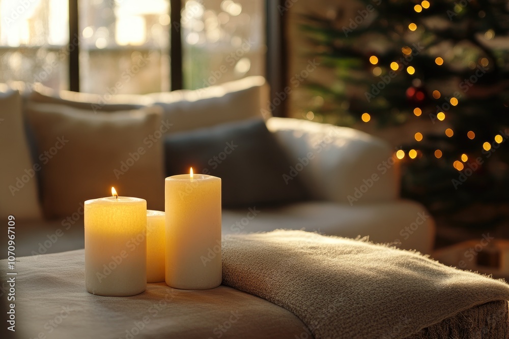 Two Lit Candles on a Blanket with a Blurred Christmas Tree in the Background Two Lit Candles on a Blanket with a Blurred Christmas Tree in the Background