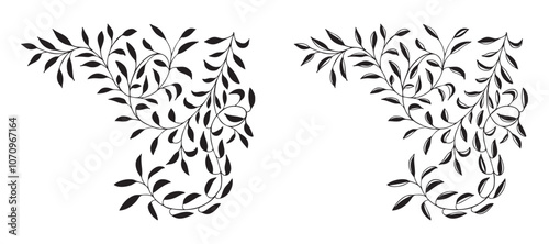 Tree branch with leaves, plant. Decorative Elements for Decoration. Hand drawing doodles of vector vintage botanical elements.  Line art. Botanic outline sketch draw