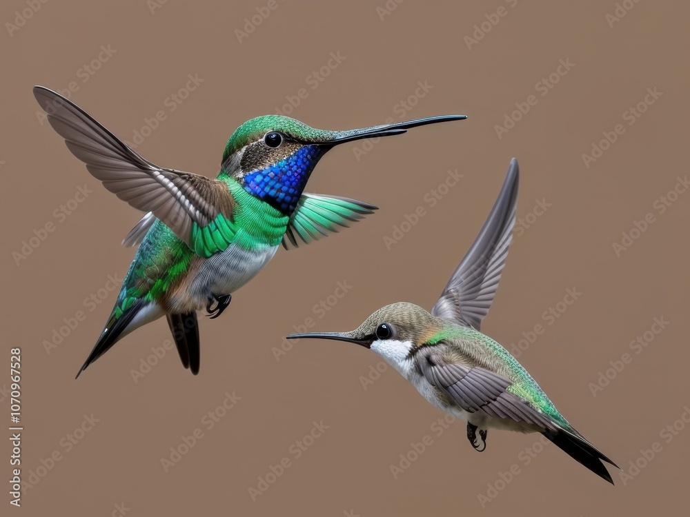 Fototapeta premium Two Hummingbirds Displaying Iridescent Colors During Mid-Air Interaction