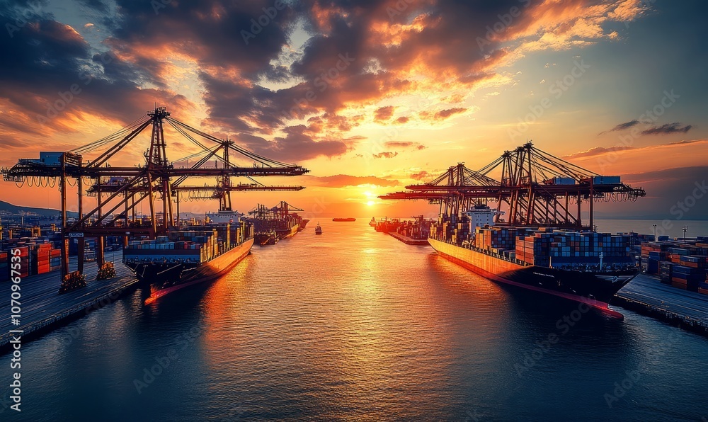 Container Ships Docked at a Busy Port During Sunset, With Cranes Positioned for Loading and Unloading Cargo Container Ships Docked at a Busy Port During Sunset, With Cranes Positioned for Loading and Unloading Cargo