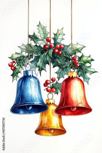 planche illustration, coloré, décoration noël, boules, sapin, houx, étoile, cloche, suspendu, bleu, rouge, vert, jaune, fond blanc, ressources graphiques photo