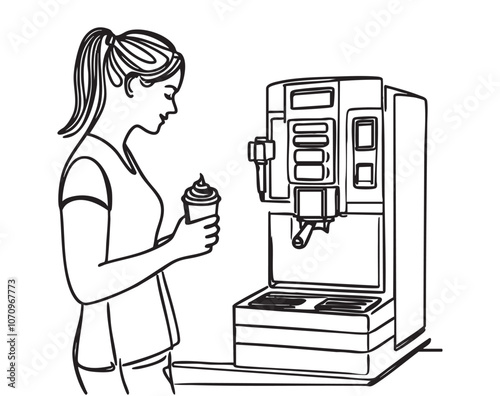Woman buys coffee from a machine, sketch