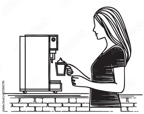 Woman buys coffee from a machine, sketch