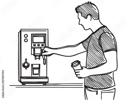 Man buys coffee from a machine, sketch