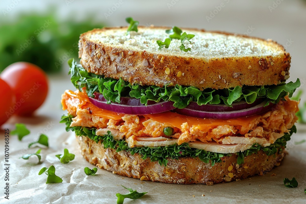 A Delicious Sandwich with Turkey, Cheese, and Red Onion on Multigrain Bread A Delicious Sandwich with Turkey, Cheese, and Red Onion on Multigrain Bread