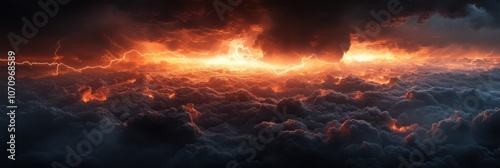 Lightning strikes through dark clouds above a sea of fluffy clouds