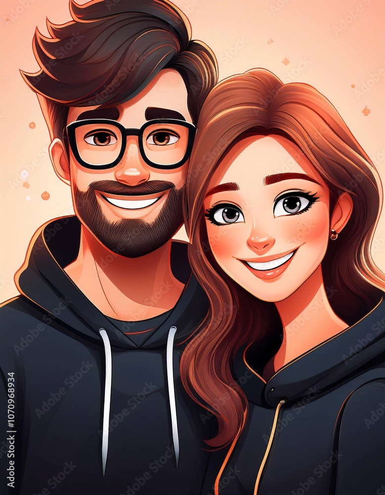 Happy couple in matching hoodies, smiling for a cartoon portrait to celebrate their love and unity