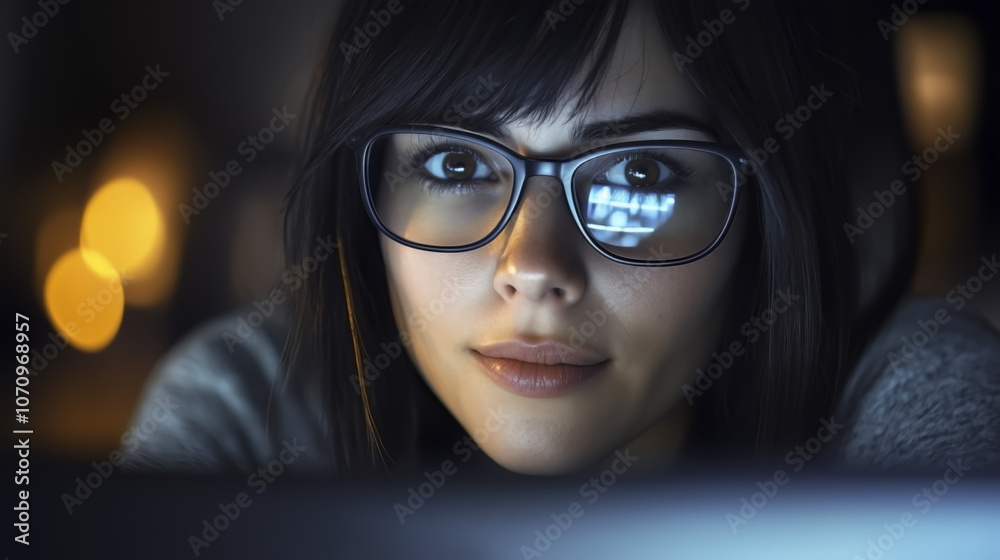 Woman in Glasses Working on Computer at Night. Woman in Glasses Working on Computer at Night.