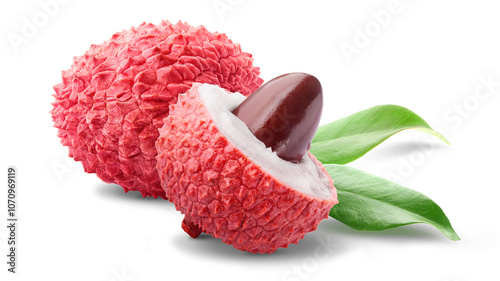 Two juicy ripe lychees, one cut in half and one whole, isolated on transparent background.
