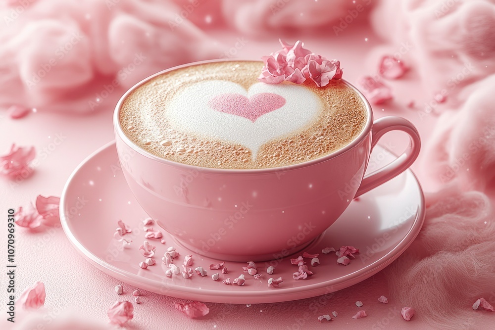 Pink Coffee Cup with Heart Design and Flower Garnish Pink Coffee Cup with Heart Design and Flower Garnish