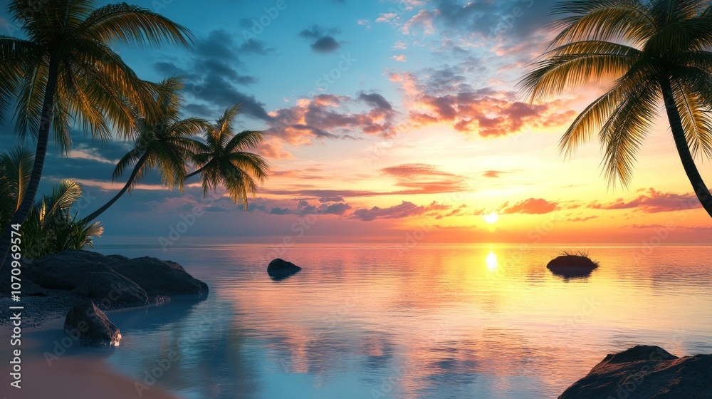 A breathtaking sunset over a tranquil beach with palm trees, rocks, and calm water.