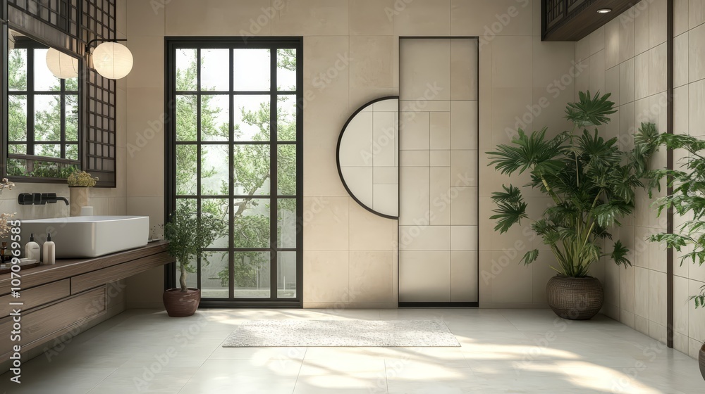 Frontal view of a minimalist bathroom featuring French retro and Chinese design elements, showcasing a washbasin and shower door in a tranquil setting Frontal view of a minimalist bathroom featuring French retro and Chinese design elements, showcasing a washbasin and shower door in a tranquil setting
