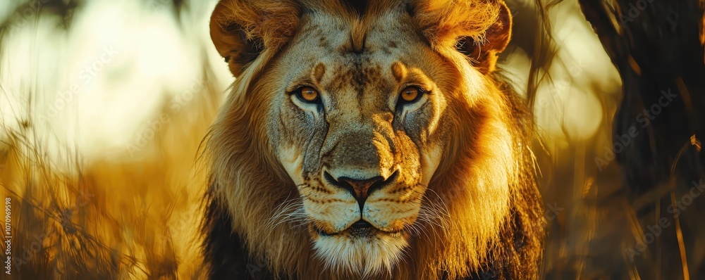 Naklejka premium A majestic lion gazes directly at the camera, surrounded by golden grasses, showcasing its powerful presence and regal mane in the warm light of dawn.