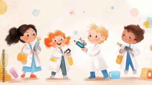 Young scientists in lab coats engaged in fun experiments and exploration,Kid Inventors’ Day