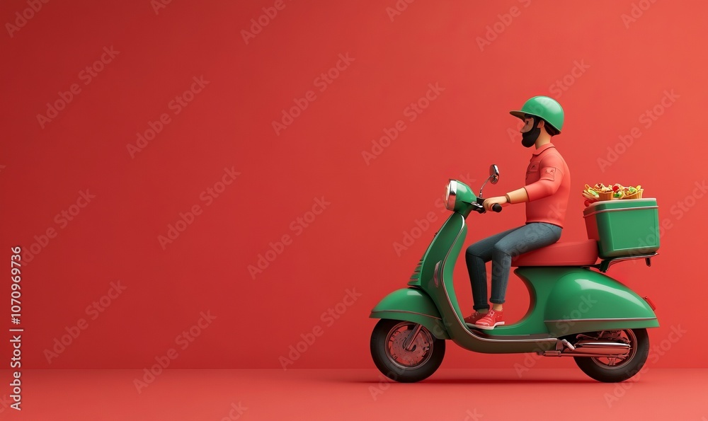 Fast food delivery man on a green scooter. Delivery concept, online order, food delivery, last mile, banner, template Fast food delivery man on a green scooter. Delivery concept, online order, food delivery, last mile, banner, template