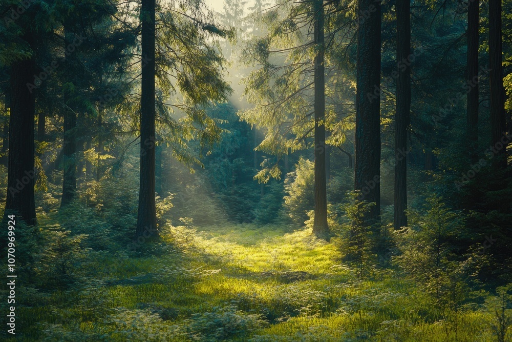 Fototapeta premium Sunbeams Filtering Through Tall Trees in a Lush Forest