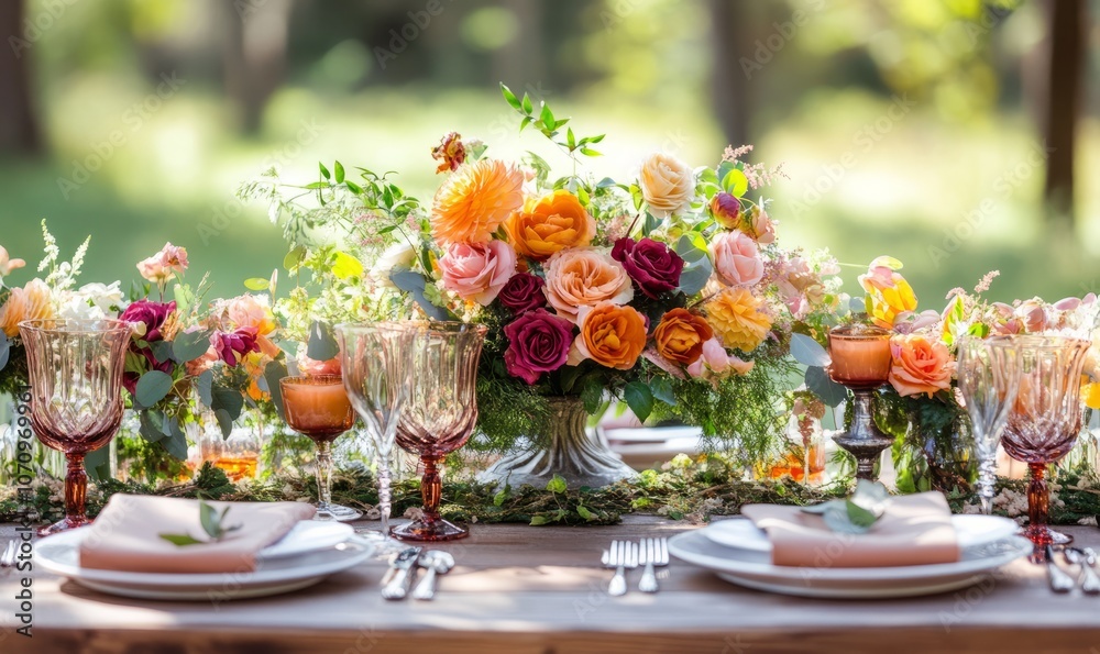 Flower table decorations for holidays and wedding dinner. Table set for holiday, event, party or wedding reception in outdoor restaurant Flower table decorations for holidays and wedding dinner. Table set for holiday, event, party or wedding reception in outdoor restaurant