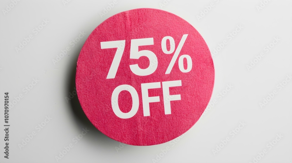 White '75% OFF' Text on a Light Red Round Paper Note. White Background with Copy Space White '75% OFF' Text on a Light Red Round Paper Note. White Background with Copy Space