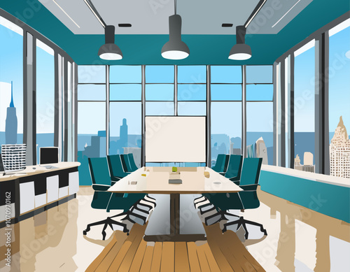 There is a spacious conference room that features a long table surrounded by several chairs, along with a large screen for presentations