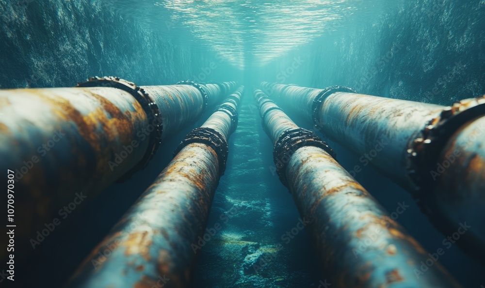 Gas pipeline under water, metal pipes at the bottom of the sea. The concept of oil pipeline, gas pipeline, gas transportation. copy space. Gas pipeline under water, metal pipes at the bottom of the sea. The concept of oil pipeline, gas pipeline, gas transportation. copy space.