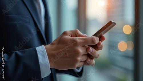 Smartphone in hands of businessman. Man looks at stock charts and financial information on his phone. Head gives instructions via Internet messengers. Modern communication technologies for business us