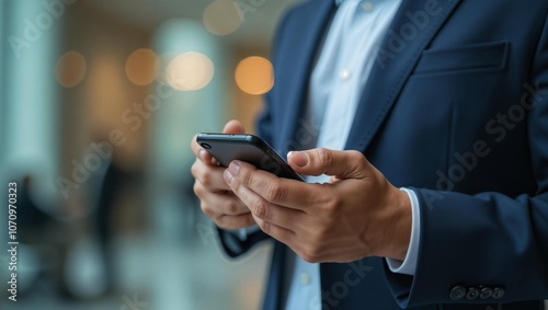 Businessman uses smartphone to solve business problems. Man's hands and mobile phone in close-up. Head of the office uses modern communication technologies