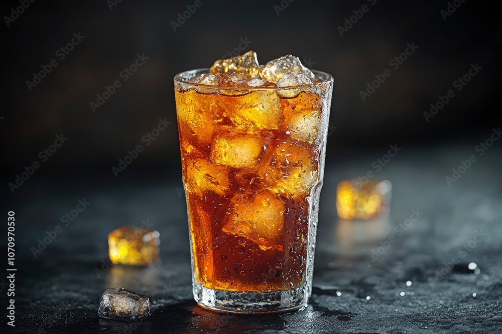 A Glass of Icy Brown Beverage with Condensation A Glass of Icy Brown Beverage with Condensation