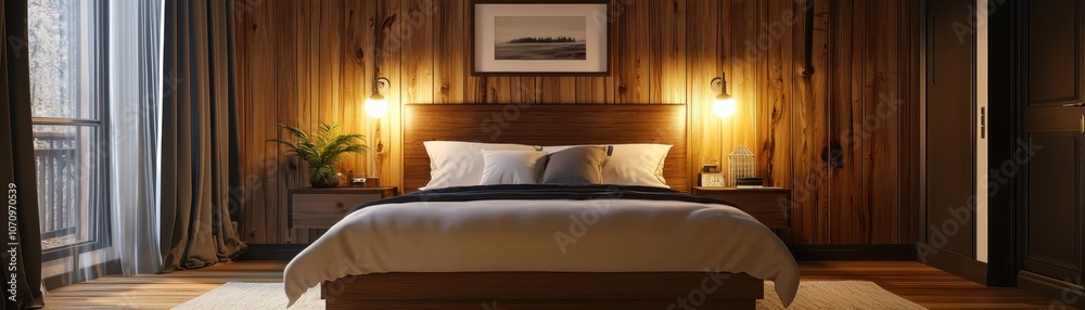 A cozy bedroom featuring a wooden accent wall, a plush bed with soft linens, and warm lighting, creating a relaxing atmosphere. A cozy bedroom featuring a wooden accent wall, a plush bed with soft linens, and warm lighting, creating a relaxing atmosphere.