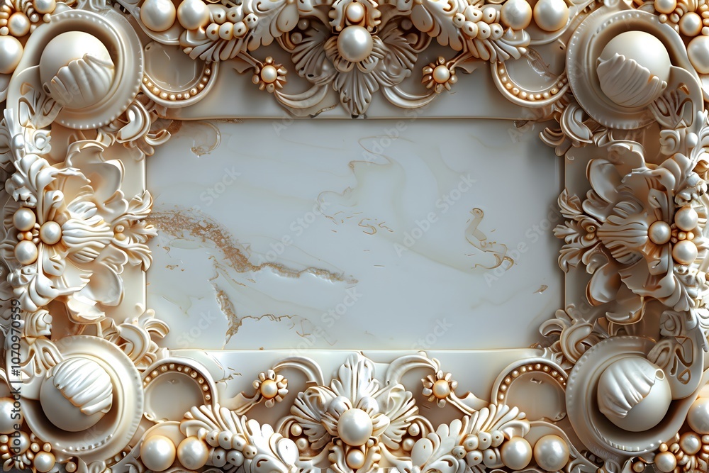 Ornate golden frame with marble background and detailed carvings. Luxurious classic design for decoration or art prints Ornate golden frame with marble background and detailed carvings. Luxurious classic design for decoration or art prints