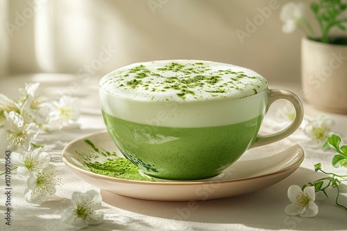 A cup of green tea matcha latte with a delicate layer of foam and matcha powder sprinkled on top, surrounded by white blossoms.