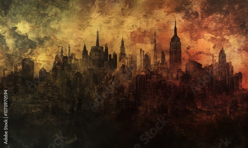 Grunge inspired depiction of an overpopulated metropolis, evoking sense of chaos and despair