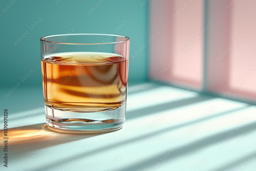 A Single Glass of Amber Liquid with Light Streaks on a Blue Surface A Single Glass of Amber Liquid with Light Streaks on a Blue Surface