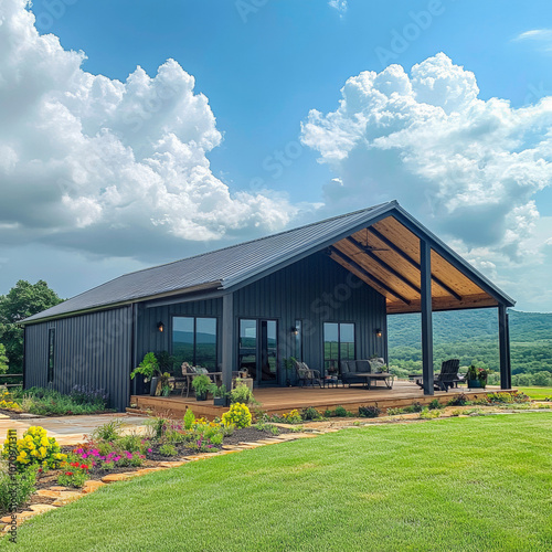 a stunning Barndominium that beautifully blends rustic and modern styles. The exterior features a combination of metal and natural wood, with large windows allowing ample natural light to flood in.