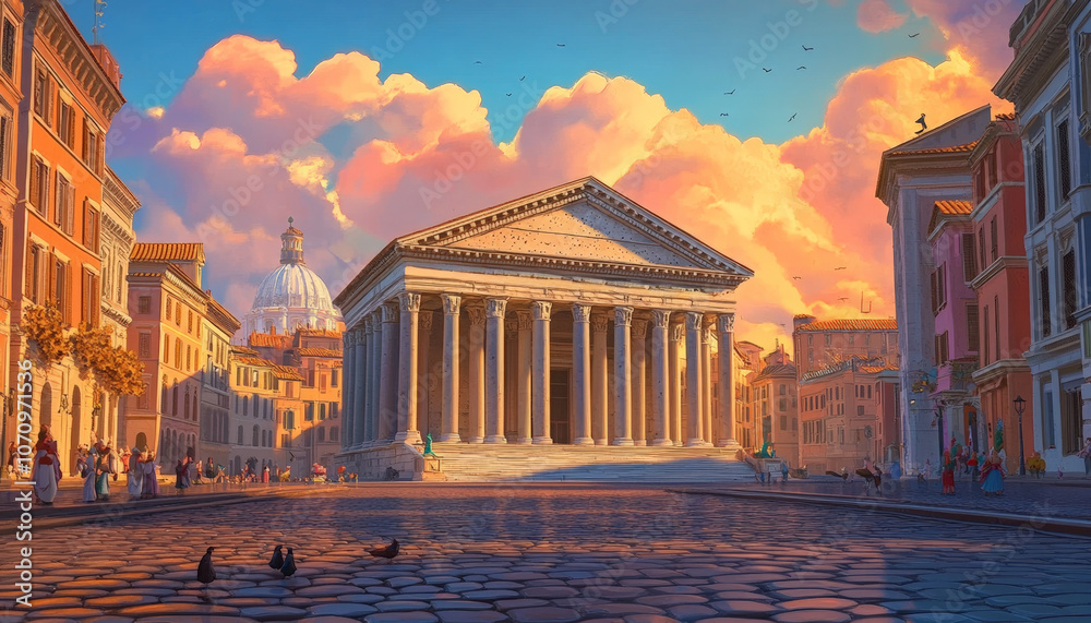 Naklejka premium The Pantheon in the center of ancient Rome, golden hour lighting, a blue sky with pink clouds, a cobblestone street, a cityscape, a low-angle view