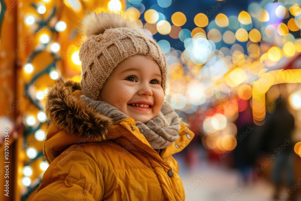 Smiling child in a cozy jacket, near colorful attractions on a snowy day Smiling child in a cozy jacket, near colorful attractions on a snowy day