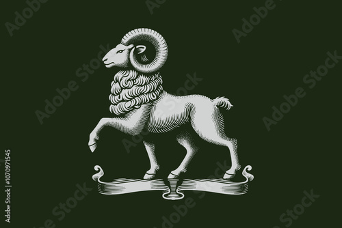 Ram, goat. Vintage engraving vector heradic, emblem, sign, coat of arms. dark background